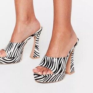 Nasty Gal platform zebra print flare block heel mules size 37 US 6